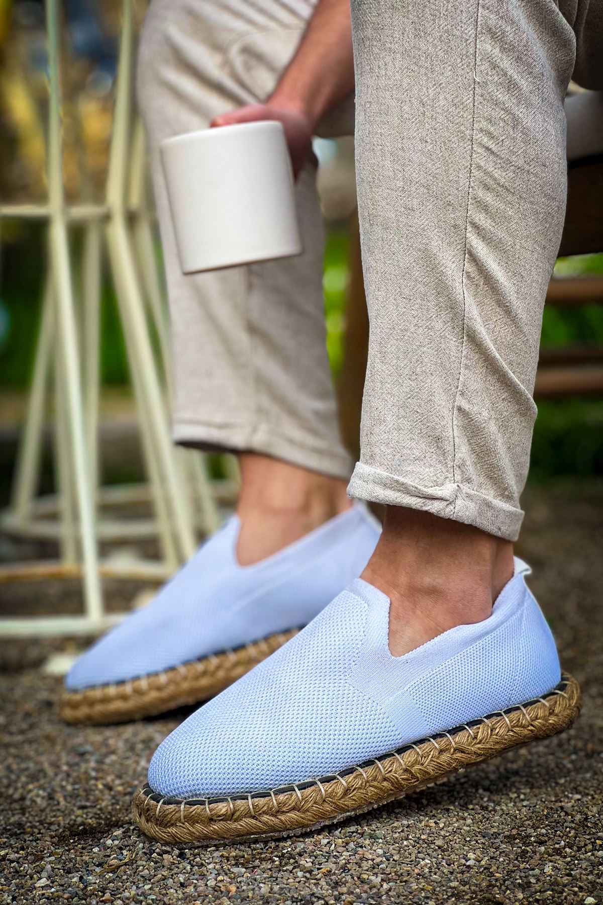 Men's white canvas espadrille shoes, slip-on with jute rope sole
