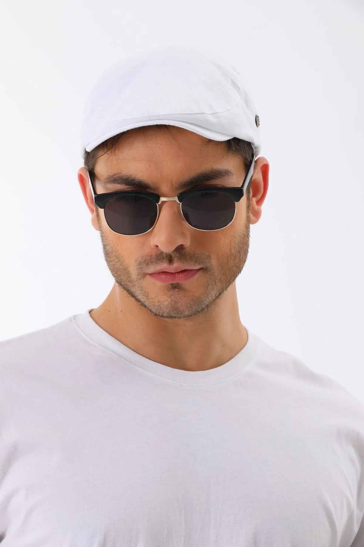 White flat cap with stitched front panel and short curved brim