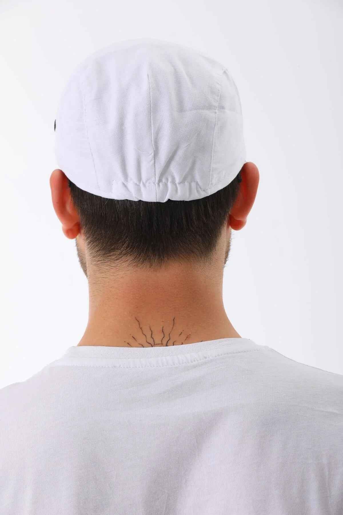 White flat cap back view with gathered seam at the crown