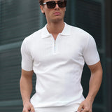 Men's white half-zip polo shirt with short sleeves and zip collar