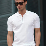 Men's white polo shirt with half-zip placket and short sleeves