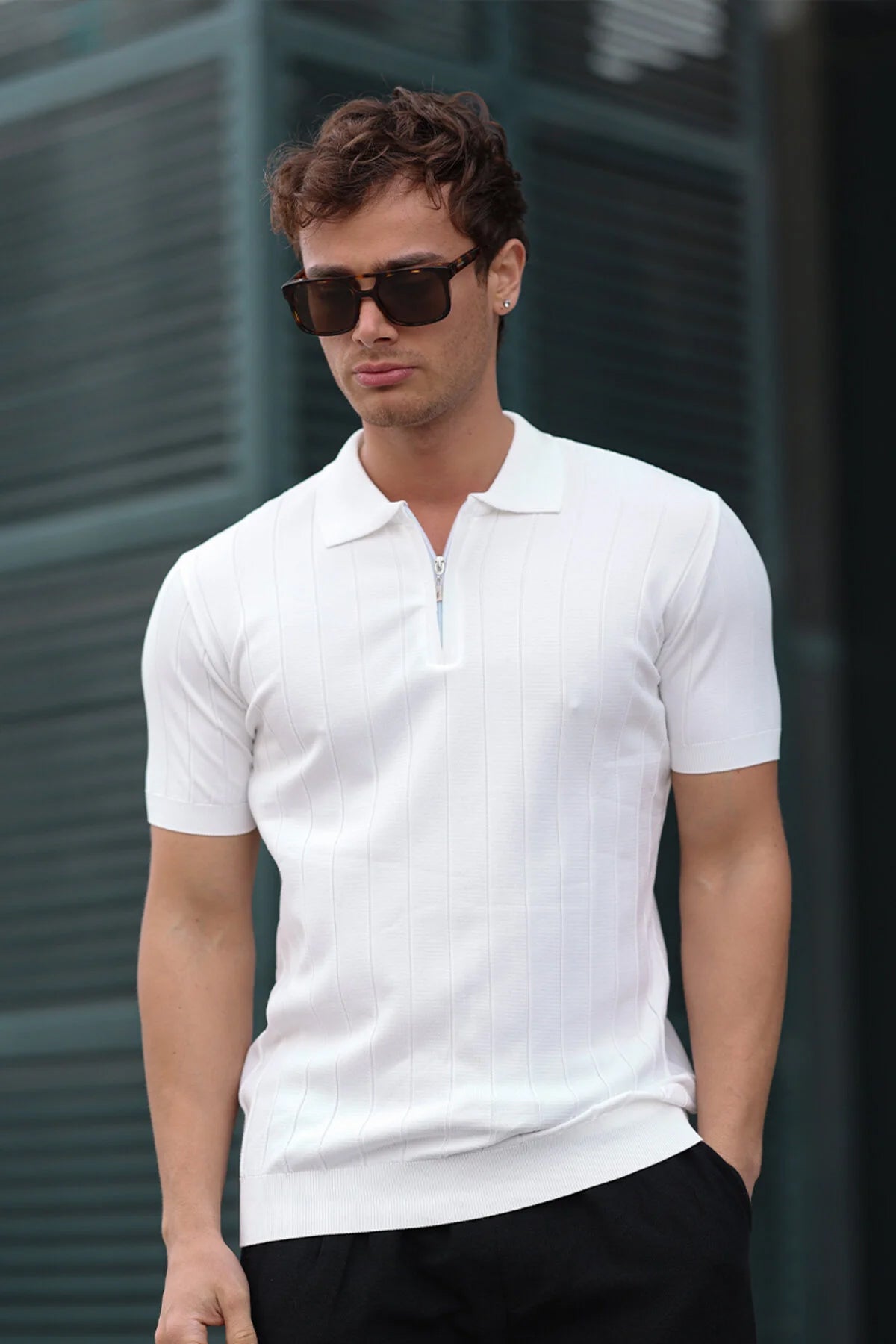 Men's white polo shirt with half-zip placket and short sleeves