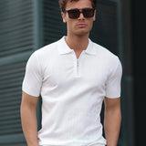 Men's white short-sleeve half-zip polo shirt with knit collar
