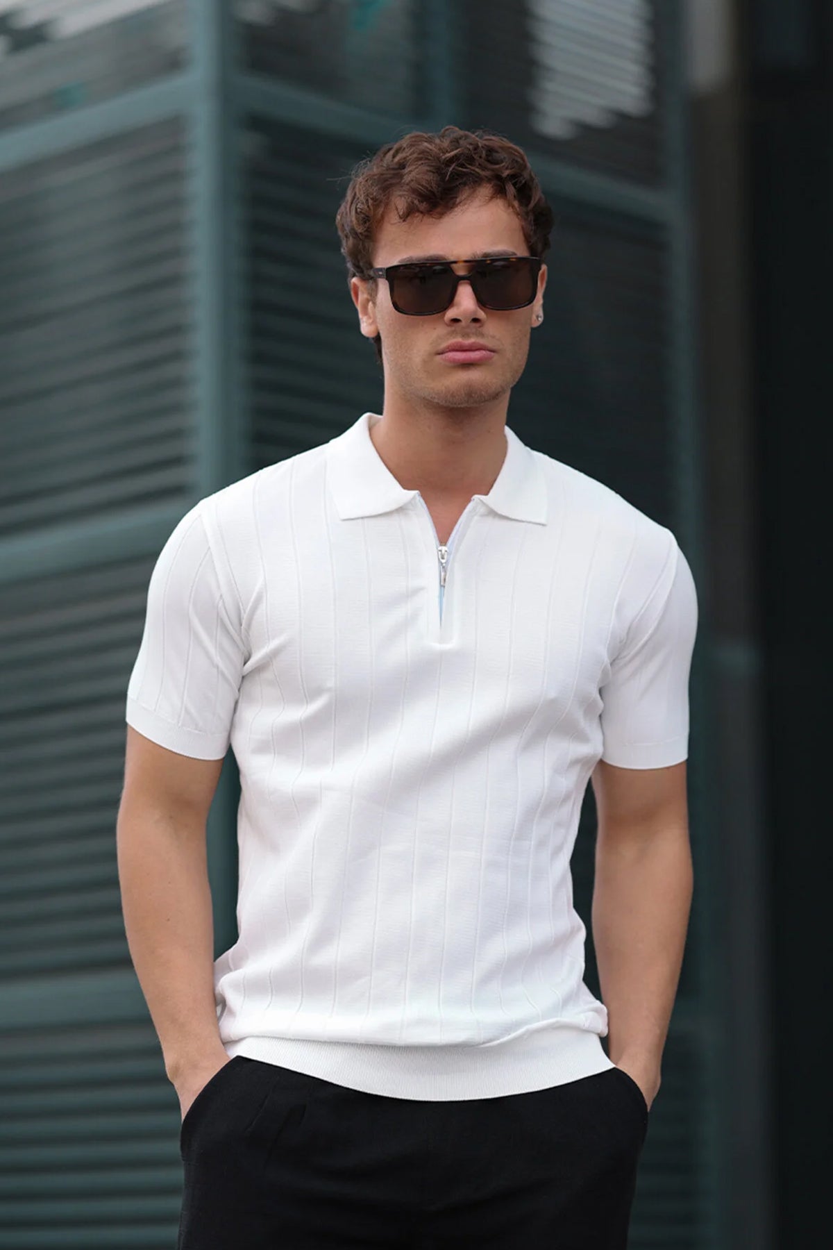 Men's white short-sleeve half-zip polo shirt with knit collar