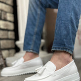 Men's white slip-on loafers with tassel and chunky sole