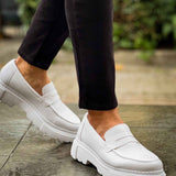 Men's white loafers with strap and smooth upper, thick tread sole