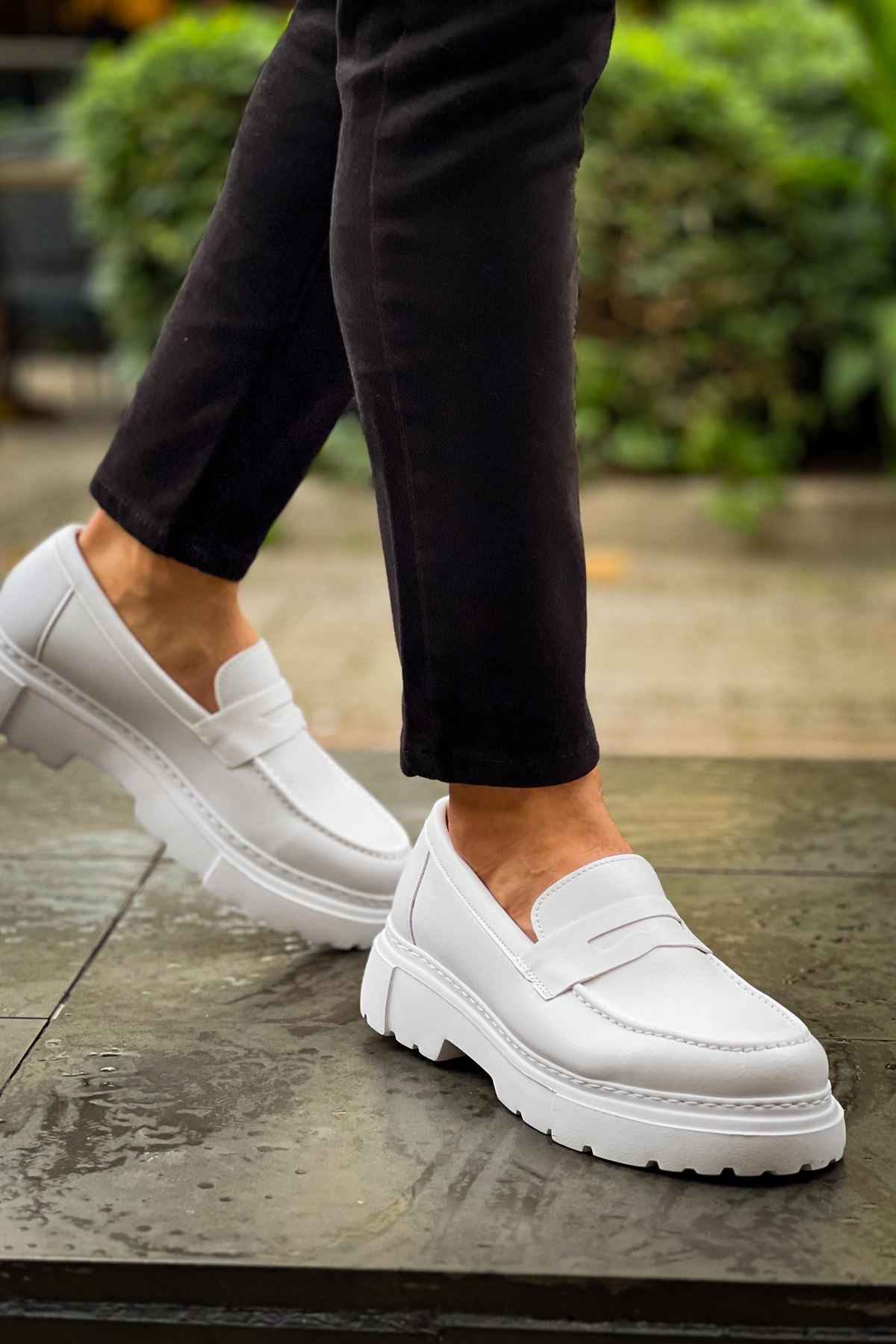 Men's white loafers with strap and smooth upper, thick tread sole