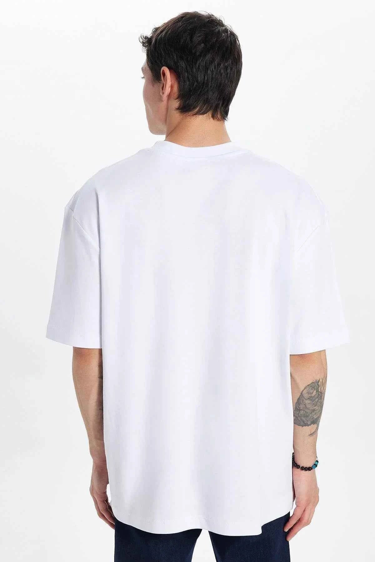 Oversize white crew-neck T-shirt, short sleeves, back view