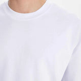White crew-neck T-shirt collar and upper chest