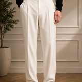 Montivo men's white dress pants with black belt and front creases