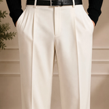 Men's white dress pants waistband with black belt and belt loops