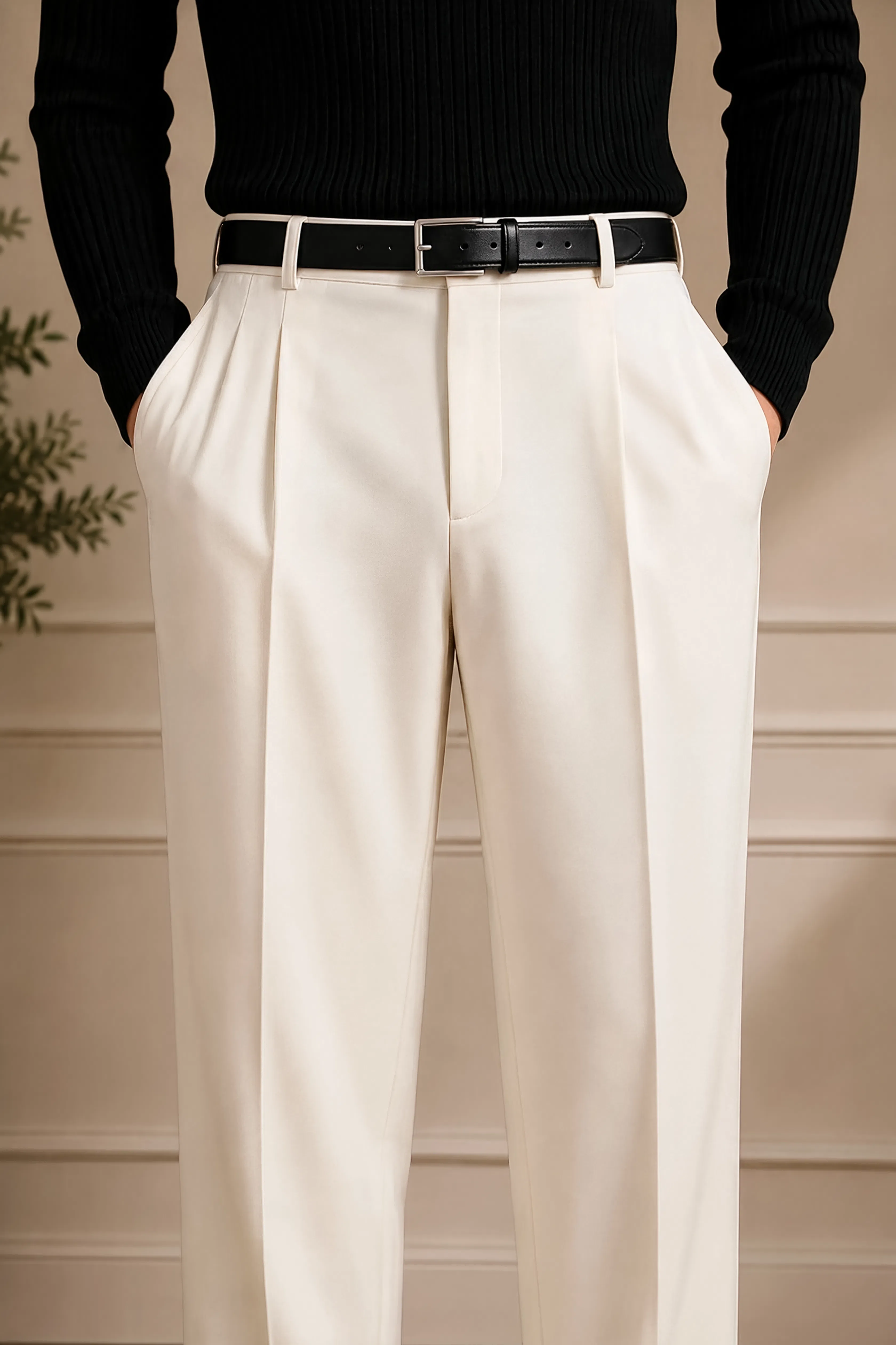 Men's white dress pants waistband with black belt and belt loops