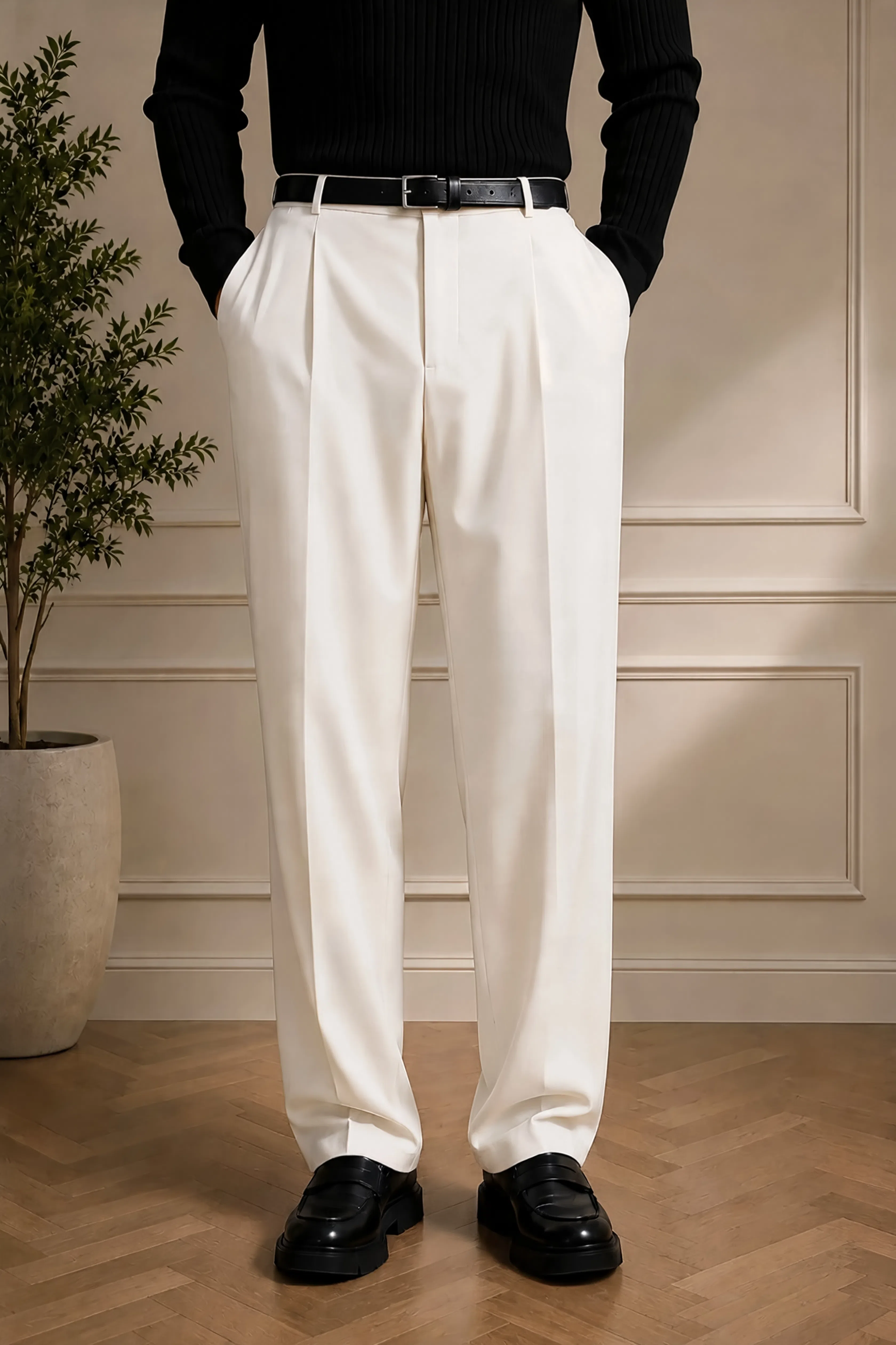 Men's white dress pants with black belt and full-length front creases