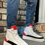 Men's white high-top lace-up boots with red heel, black trim, thick sole