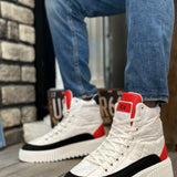Men's white high-top lace-up boots with red accents, black side stripe, chunky sole
