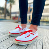 Men's white espadrille shoes with red lace-up detail and jute-textured sole