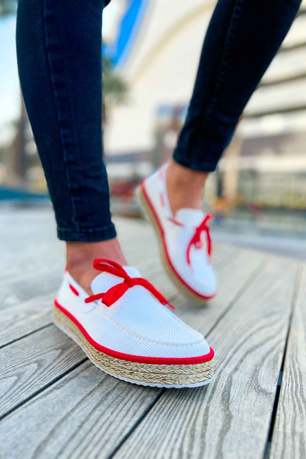 Men's white espadrille shoes with red laces and woven jute sidewall sole