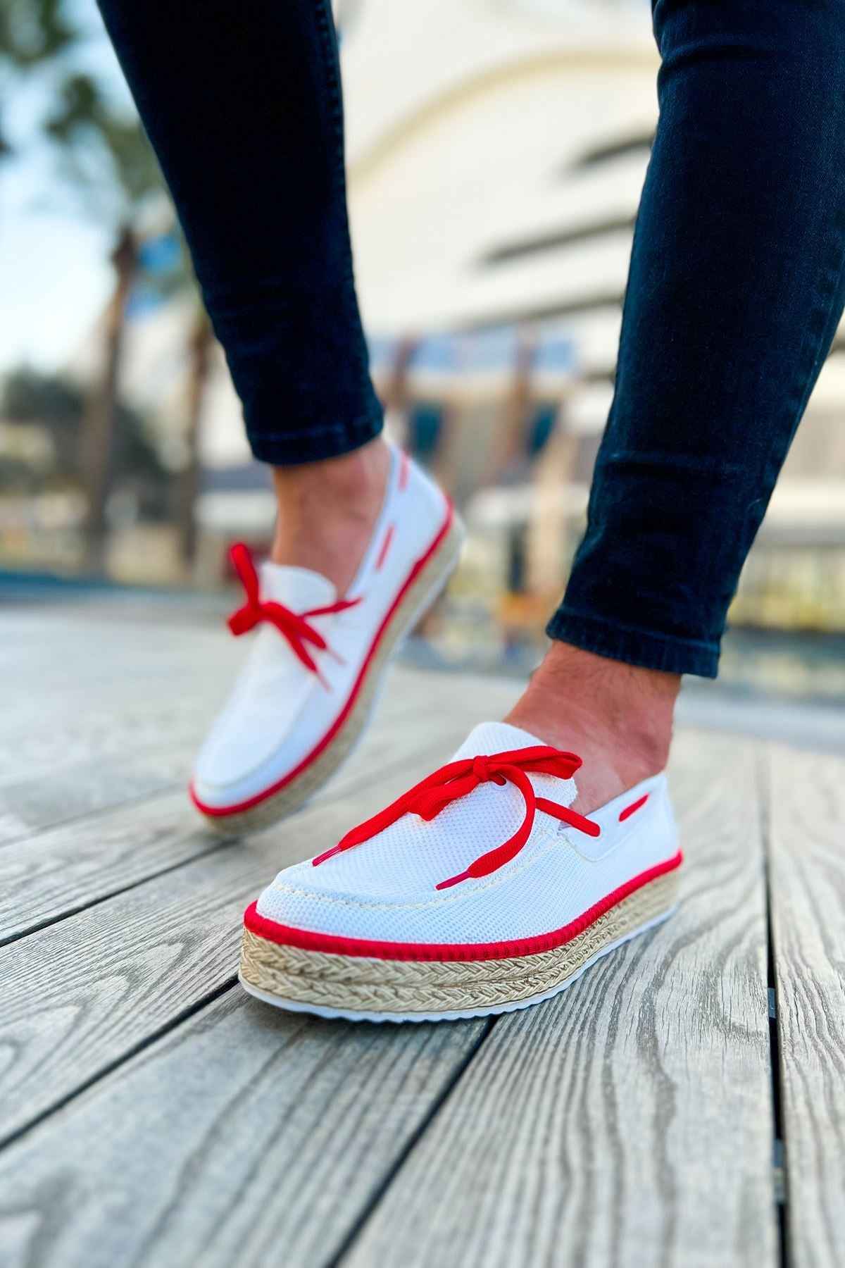 Men's white espadrille shoes with red lace-up detail and jute sole