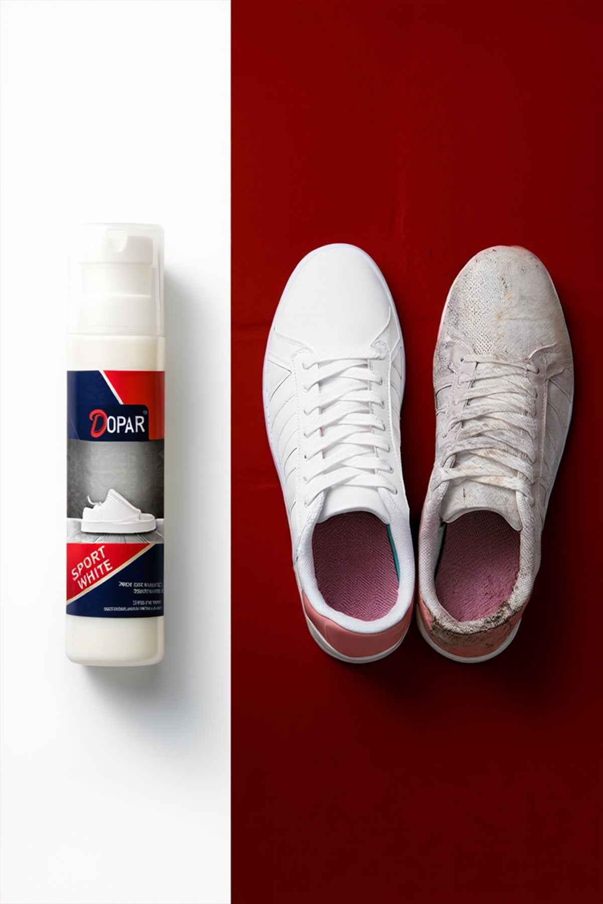 White shoe whitener OPR1 with two white sneakers