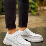 Men's white leather-style lace-up shoes with stitched paneling and thick sole, pair view