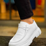 Men's white leather-style lace-up shoes with low profile collar, close side view