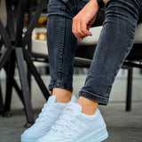 Men's white low-top sneakers, lace-up with textured rubber sole