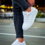 Men's white lace-up sneakers, standing side view with flat rubber sole