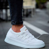 Men's white lace-up sneakers, toe and side view with lace eyelets