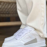 Men's white lace-up sneakers showing side panel and padded collar