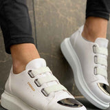 Men's white sneakers with double buckle strap and dark side emblem