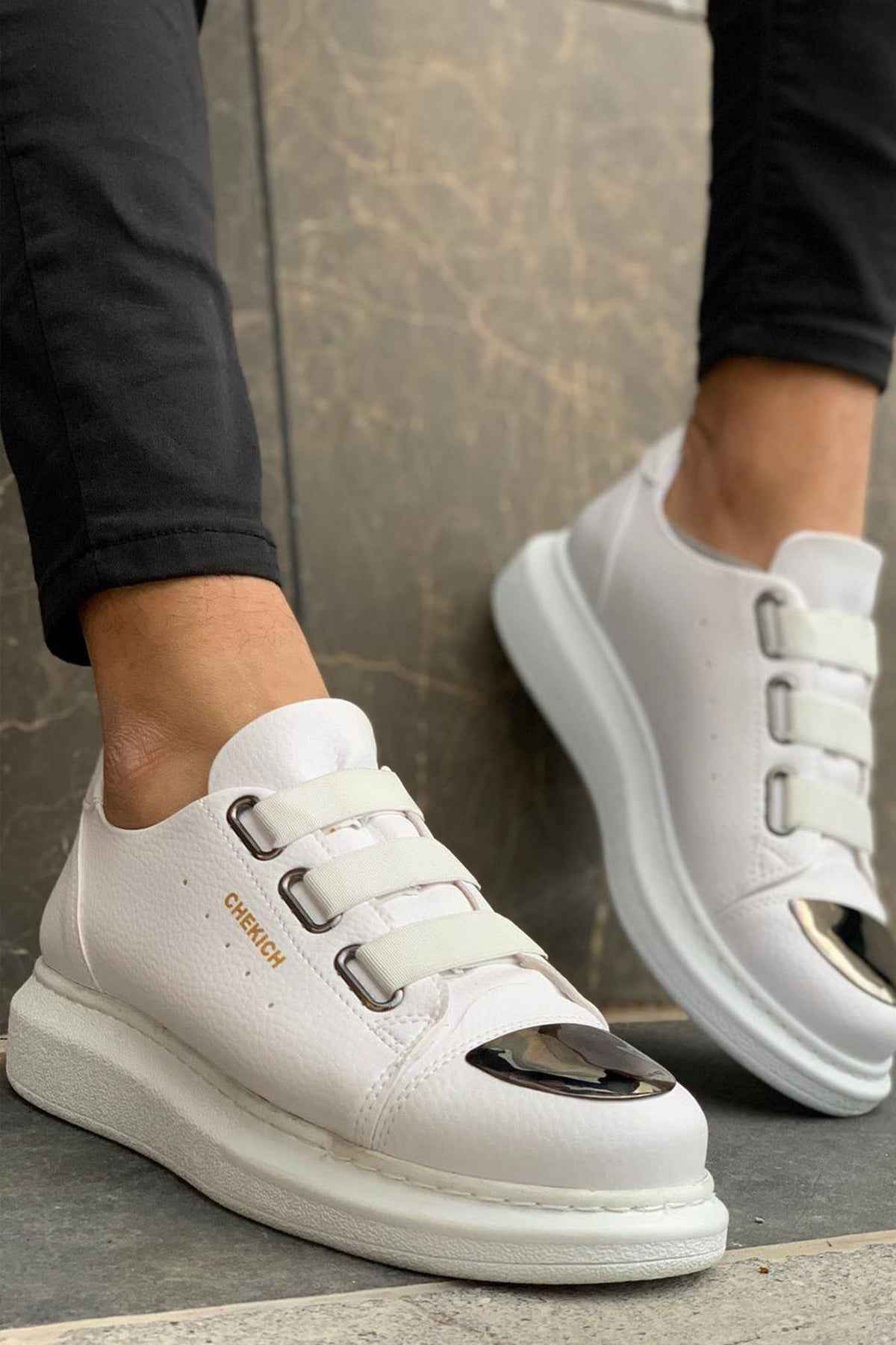 Men's white sneakers with double buckle strap and dark side emblem