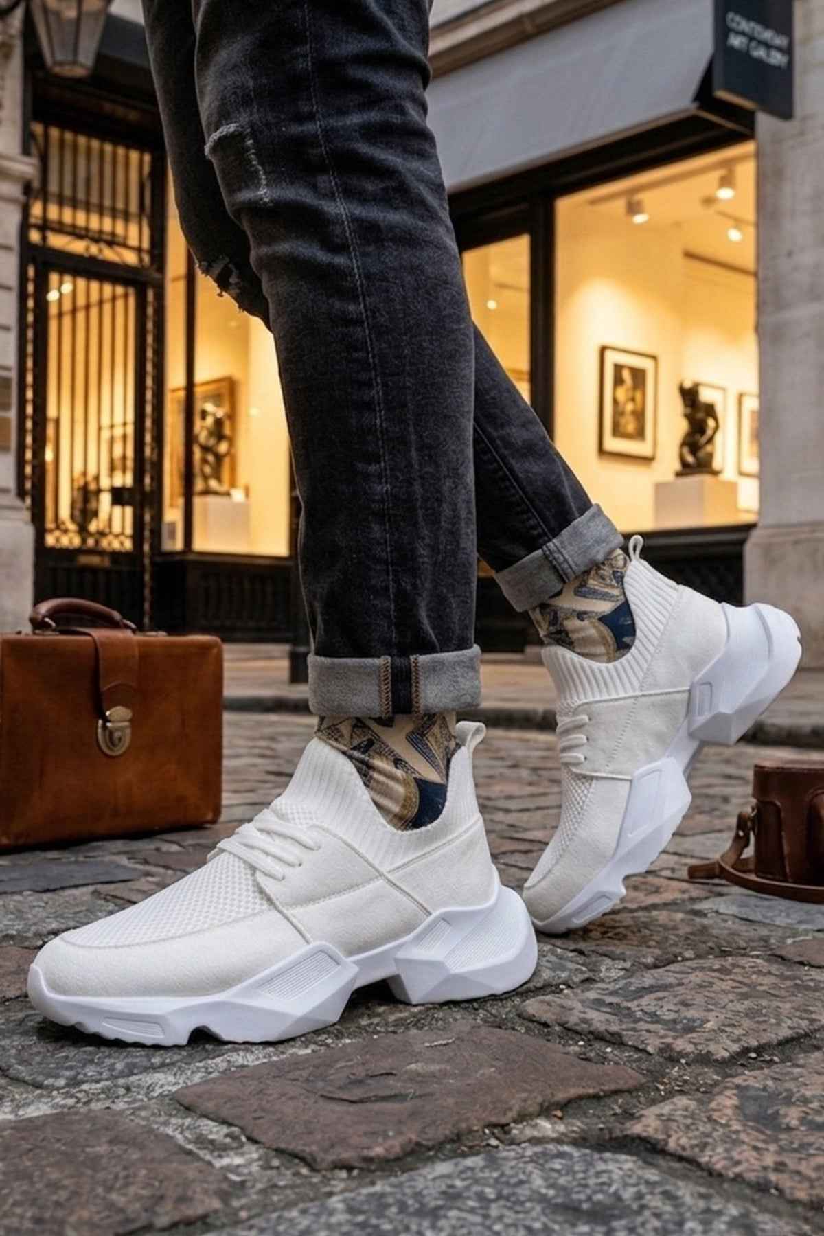 Men's white knit sneakers with chunky tread sole and pull-tab detail