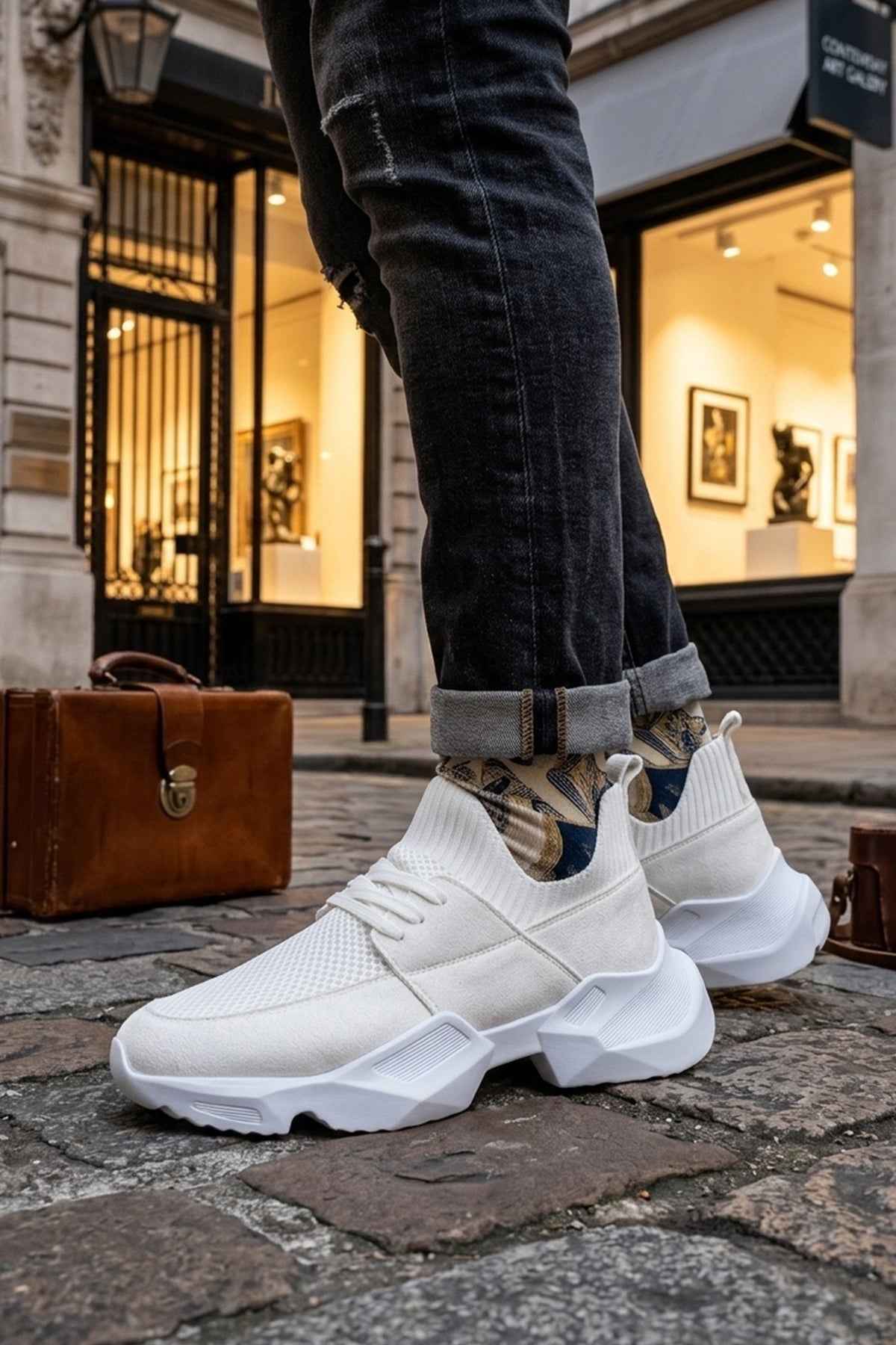 Men's white sneakers, side view with padded collar and chunky outsole tread