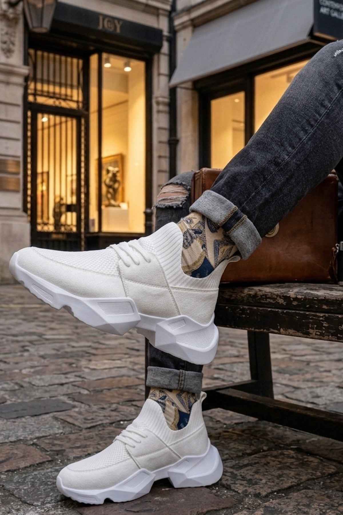 Men's white sneakers with thick platform sole, resting on a wooden bench