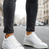 Men's white lace-up low sneakers, front and side angle pair.