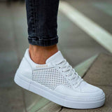 White lace-up sneaker with perforated toe and side panels