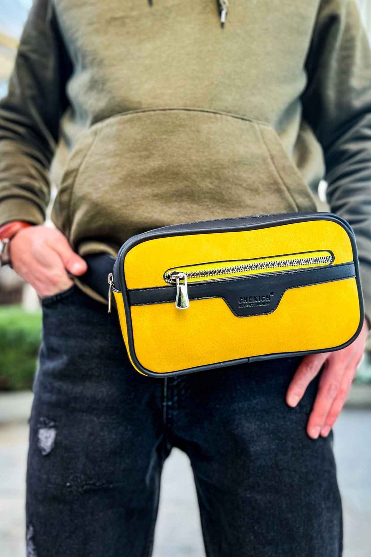 Men's yellow CH101 tablet bag front view with zipper and logo patch