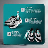 Shoe deodorant spray bottles with how-to-use steps diagram and sneakers