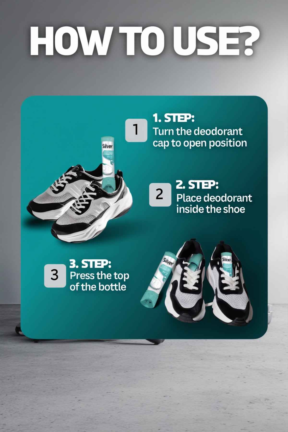 Shoe deodorant spray bottles with how-to-use steps diagram and sneakers