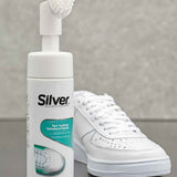 Shoe foam cleaner bottle with foam brush and label, Silver, for sneakers