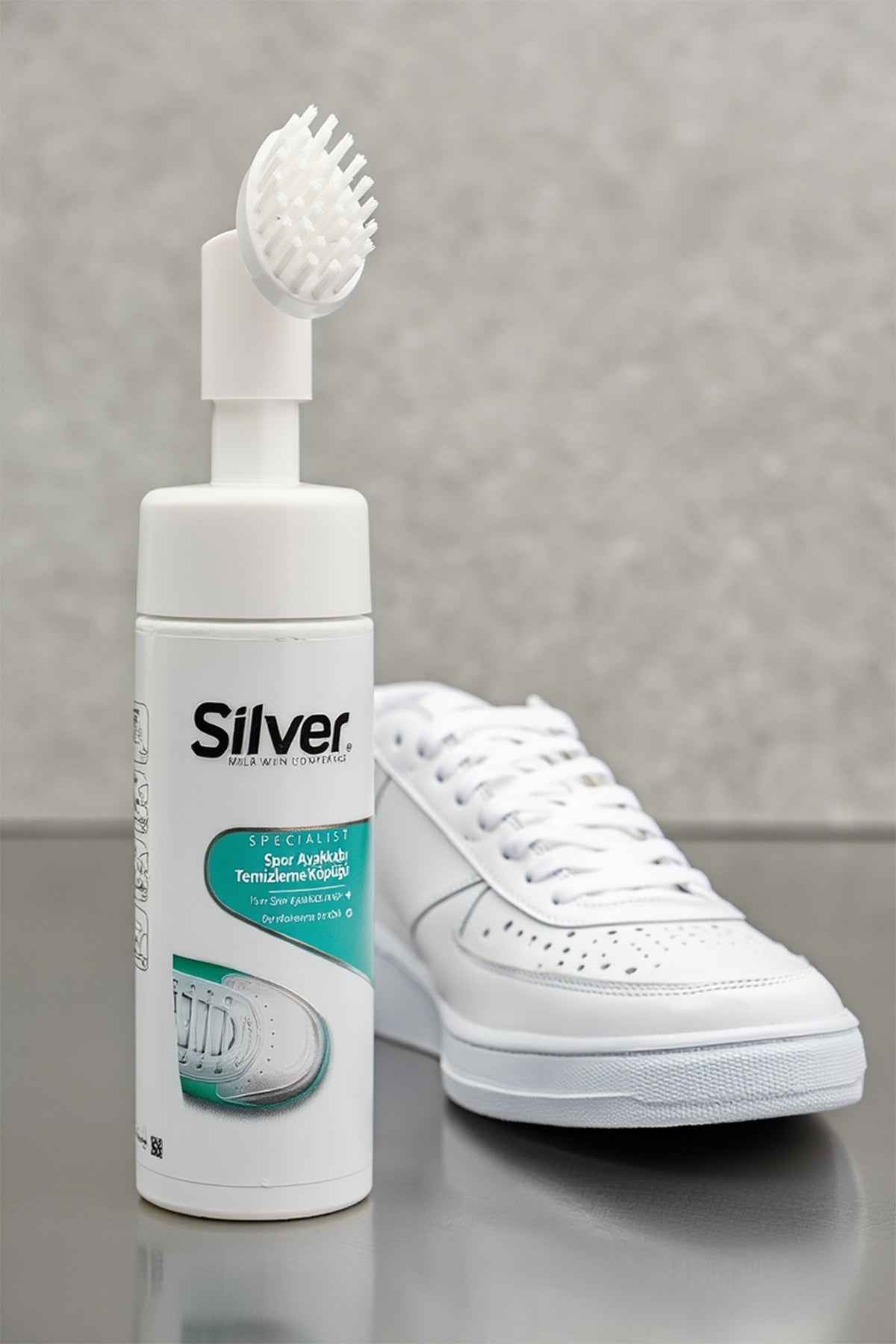 Shoe foam cleaner bottle with foam brush and label, Silver, for sneakers