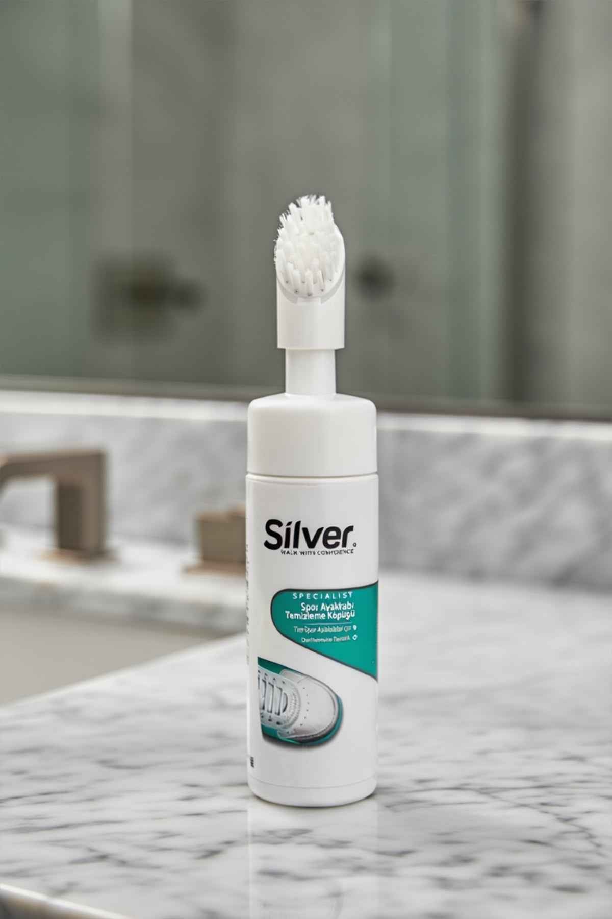 Shoe foam cleaner bottle with top brush, Silver label.