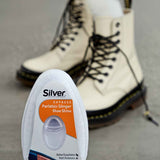 Shoe shine sponge for silver shoes in clear blister pack with orange label