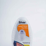 Silver shoe shine sponge in clear blister pack with blue stripe detail
