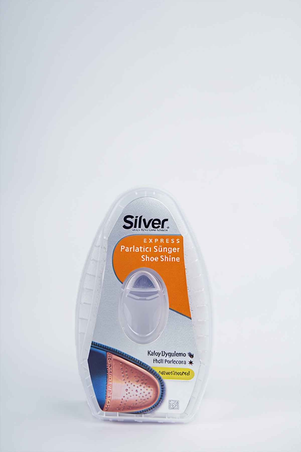 Silver shoe shine sponge in clear blister pack with blue stripe detail