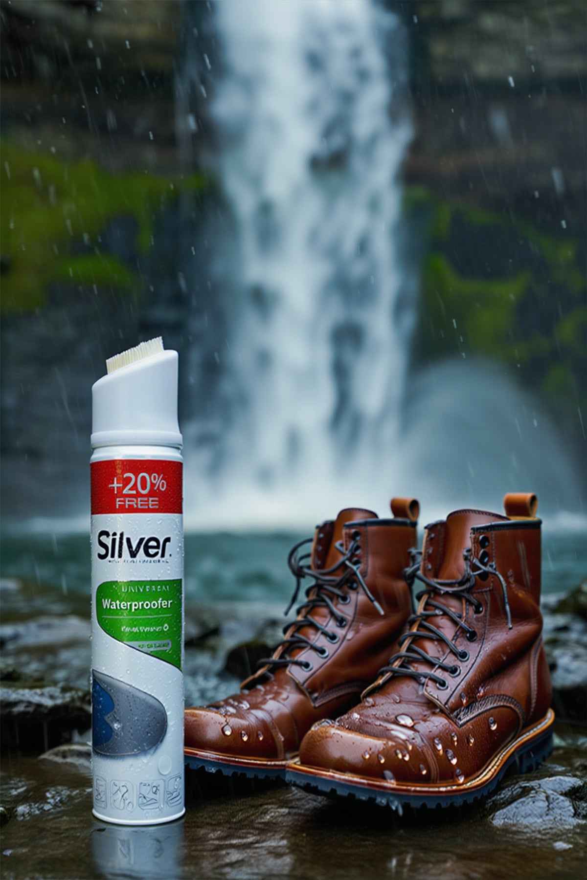 Water repellent spray bottle beside brown leather boots in rain