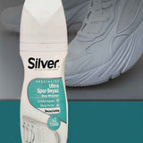 White shoe whitener bottle with Silver label and nozzle