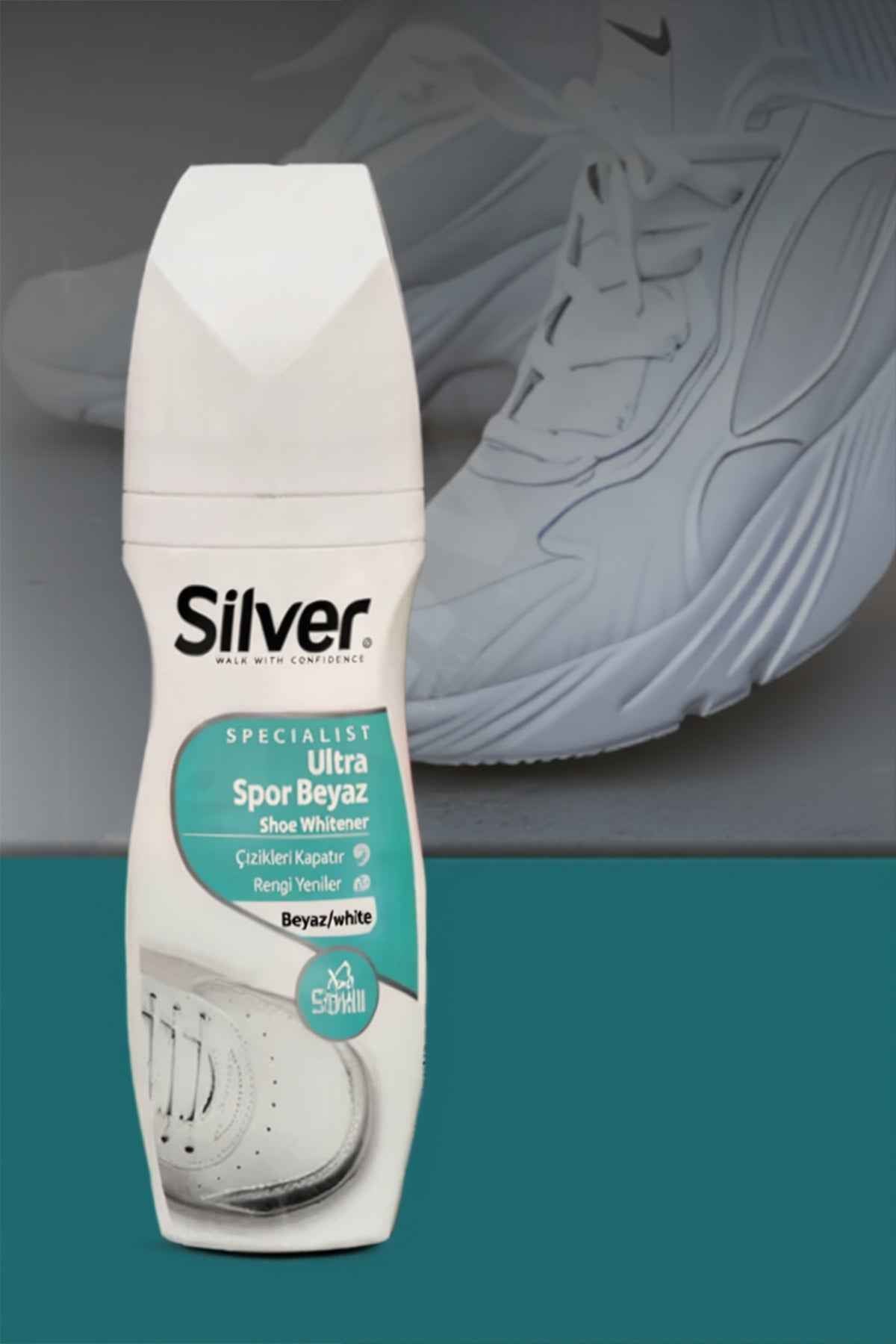 White shoe whitener bottle with Silver label and nozzle