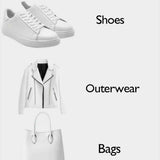 Silver promotional graphic with white sneakers and outerwear and bag icons