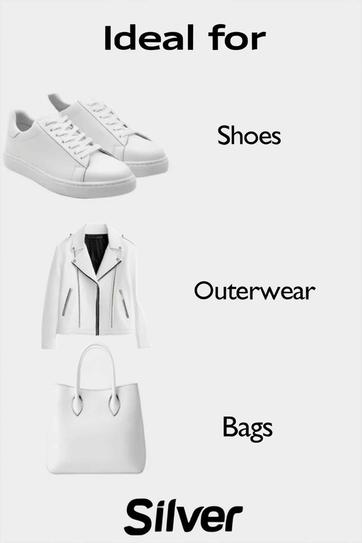 Silver promotional graphic with white sneakers and outerwear and bag icons